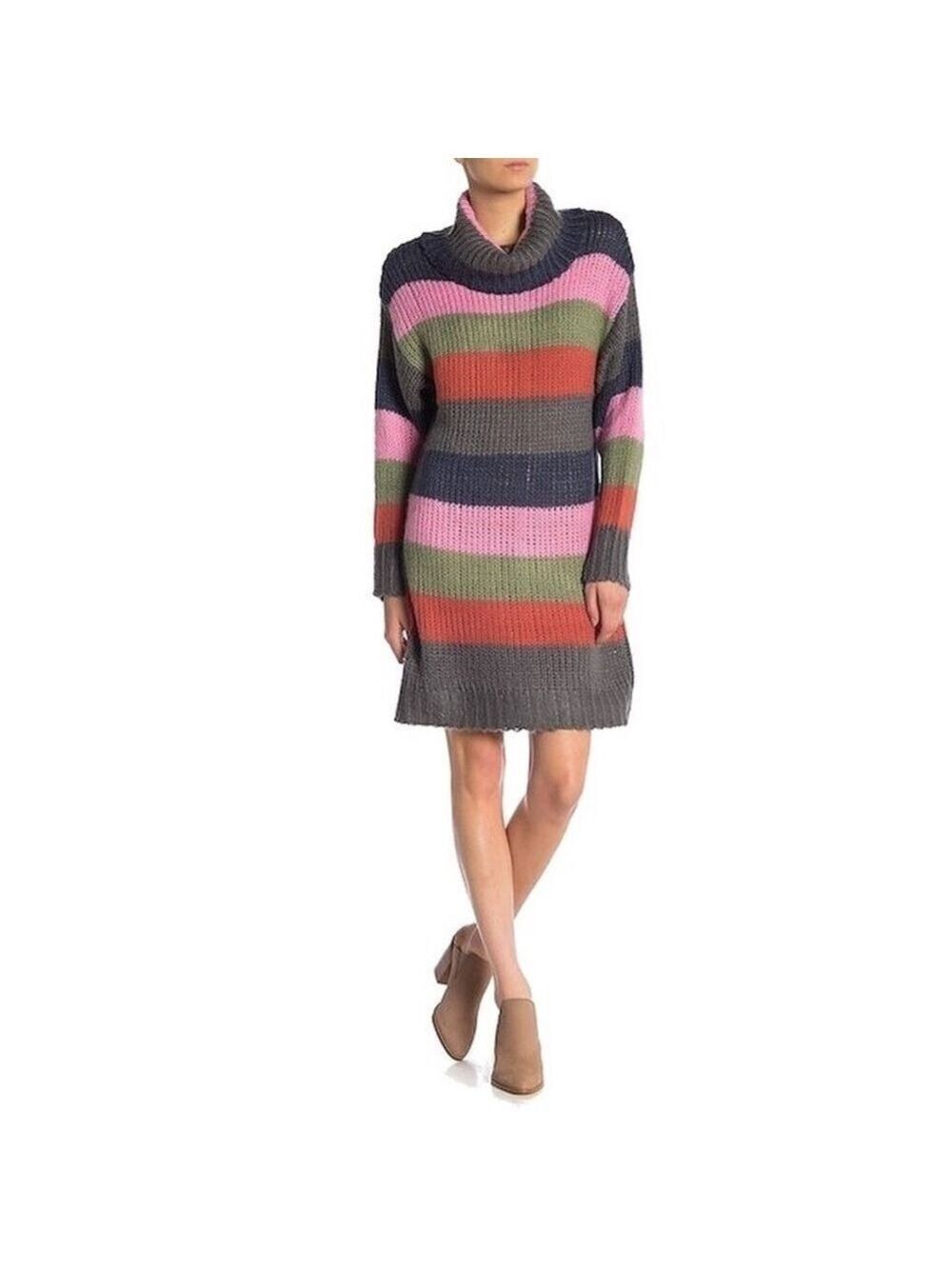 𝅺New-Solutions Cowl Neck, Color Block, Ultra Soft, Relax Knit Sweater Dress MD
